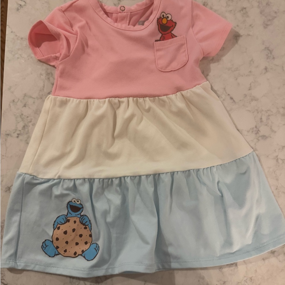 Pink and Blue Kids Dress, Sesame Street, Cookie Monster and Elmo